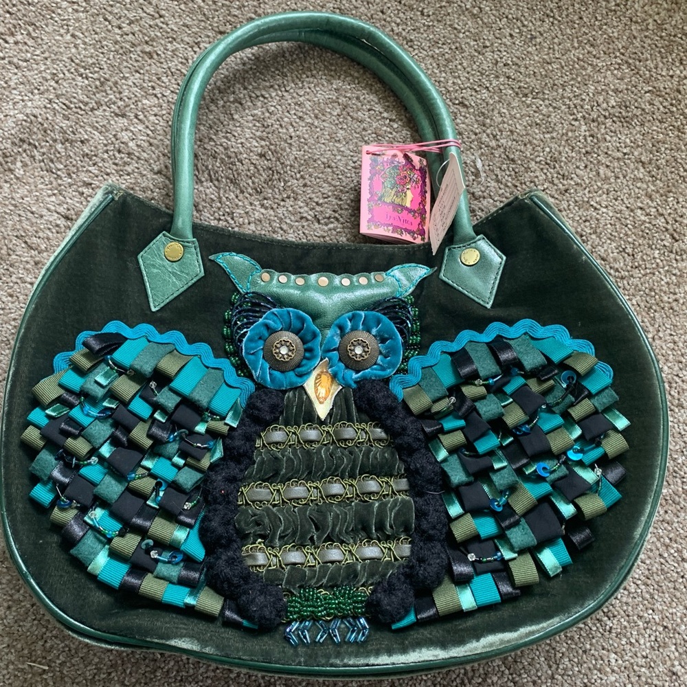 Anthropologie Green Teal Velvet Owl Embellished Shoulder Bag